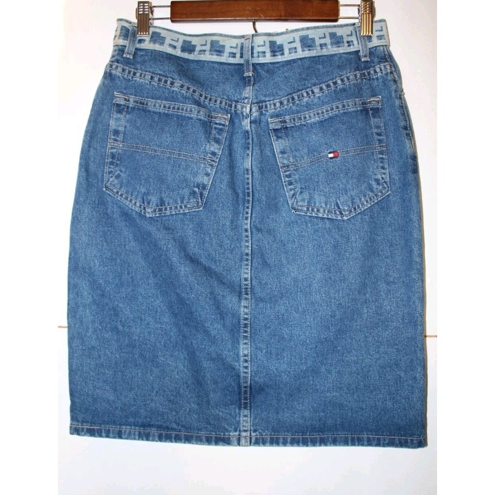 Tommy Hilfiger Jean Denim Skirt High Rise Logo Back Pocket Women's 8 Y2K vintage